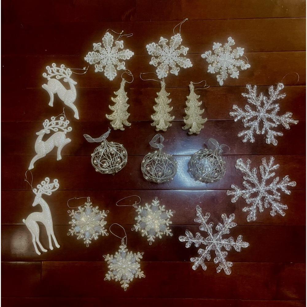 18 White/Silver Glittery Theme Christmas Tree Ornaments Assortment
